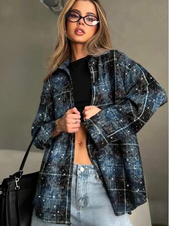 女士春秋新款星形格子衬衫，休闲百搭通勤衬衫，格子前开襟长袖衬衫，适合日常休闲、户外、度假穿着，四季皆宜