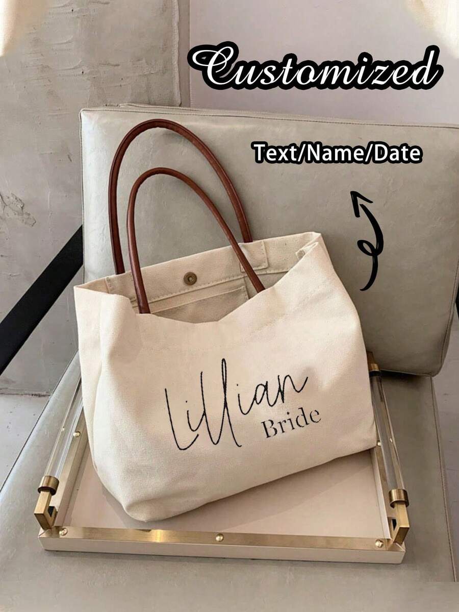 Custom Bridesmaid Beach Tote, Personalized Ivory Canvas Handbag With Name For Weddings Bridal Parties And Travel - White - View 1