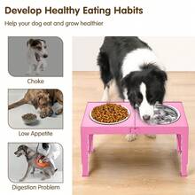 带两个1升不锈钢碗的增高狗碗，狗粮水碗架 - 4种高度可调（9英寸/11英寸/12英寸/14英寸），防滑可折叠宠物喂食器，适用于大、中、小型犬和猫，灰色/粉色