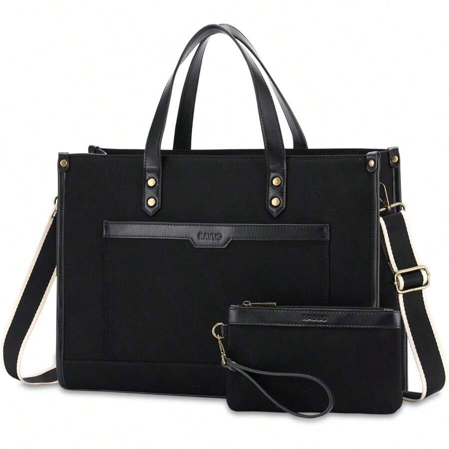 Laptop Tote Bag WomenRAVUO Water Resistant 15.6 Inch Large Canvas Shoulder Handbag With Wallet Purse For Business Work Travel - Black - View 1