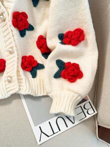 JIANHU 3D Floral Knit Cardigan - Spring & Fall Soft Open Front Coat For Women | Loose Fit Boho Cover-Up With Dimensional Embroidery - Red - View 7