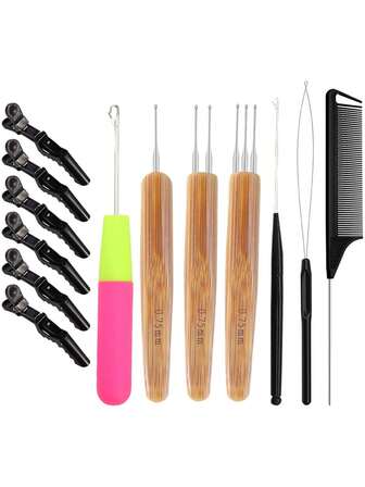 13件套脏辫钩针套装，塑料编织钩针，适用于假发编织造型工具、发饰、美发工具套装、美发造型套装
