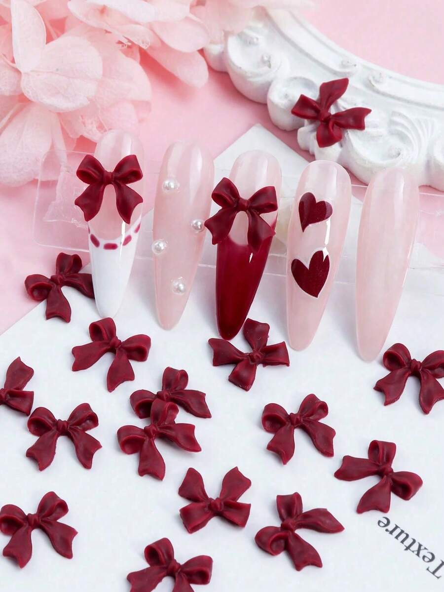 30件红色蝴蝶结美甲装饰品，红色树脂蝴蝶结美甲配件，美甲用品 - 酒紅色 - 查看 1