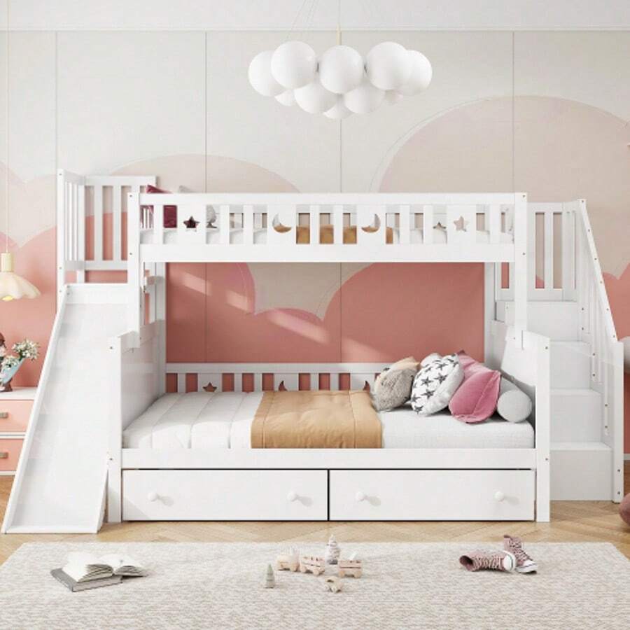 Children's Bed 90*200/140*200 Cm, Solid Wood - Shelf With Rail And Storage Unit With Safety Seat, Two Large Shoe Racks And A Bed Frame, White - White - View 1