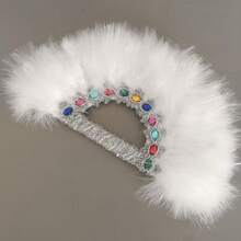 1pc Elegant Faux Gemstone Decorated White Semi-Circle Hand Fan, Bridal Wedding Party Accessory, Dance Performance Photography Prop