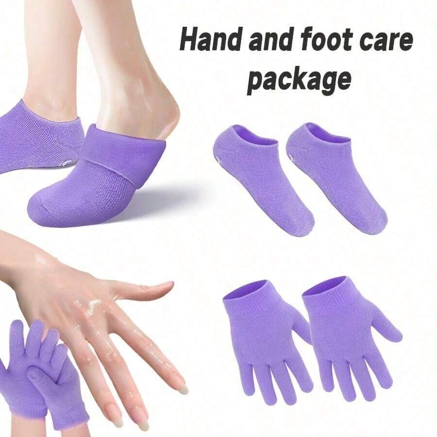 4件套女士保湿手足护理套装，包含：超柔软内衬乳霜SPA腿套、修复干燥皲裂足部保湿手足套（日常佩戴）、保湿凝胶足膜腿套、去角质修复腿套、滋养足膜凝胶腿套、四季保湿防皲裂袜套装、含精油的滋养手套 - 彩色 - 查看 1