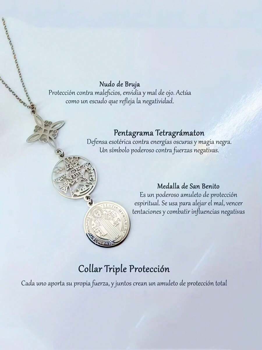 女巫四线图与圣本笃吊坠项链，三重护身符，45厘米不锈钢链，灵性珠宝礼品 - 銀色 - 查看 1