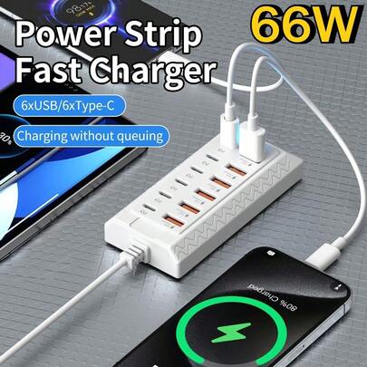 12端口USB快充站 - 6个Type-C PD端口 + 6个USB-A端口，单端口最高25W，小巧设计，可快速为笔记本电脑/平板电脑/多种设备充电，是科技爱好者的理想工作空间电源集线器、电源插座、USB充电器/多端口充电器、USB充电站、电源扩展器。