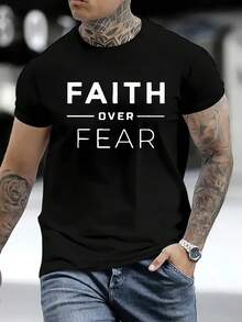 Men'S Faith Over Fear Christian Graphic T-Shirt - With Lettering, Casual Round Neck Short Sleeve, Breathable Summer Tee For Church Events & Casual Attire, Inspirational Bible Verse Apparel - trắng - Xem 7
