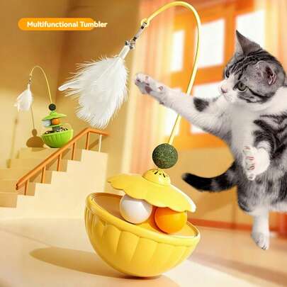 随机颜色和款式毛绒翻滚老鼠猫玩具，羽毛棒宠物互动玩具