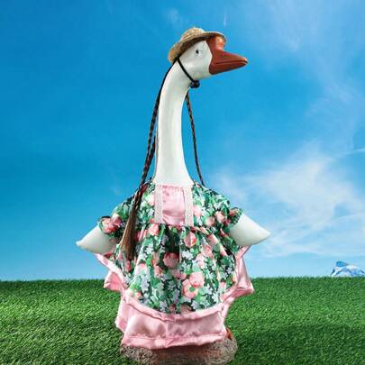 Traje de ganso para porche de verano, bonito vestido con estampado de tulipanes y peluca para estatua de ganso de césped o patio.