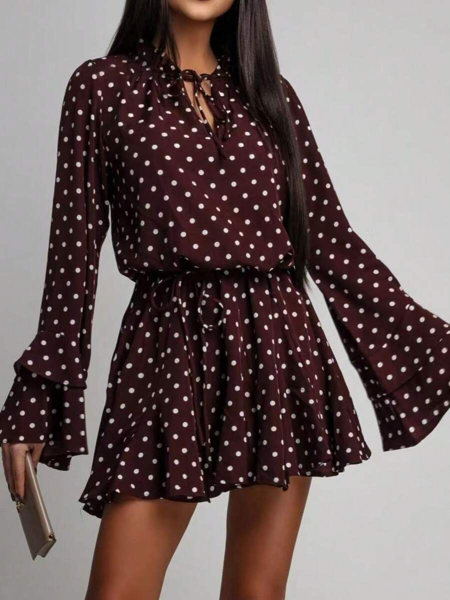 Women's Bohemian Polka Dot A-Line Mini Dress, Tie Neck, Long Ruffle Sleeves, Ruffle Hem, Woven Fabric, Button Front Detail Vacation Spring Elegant - Burgundy - View 1