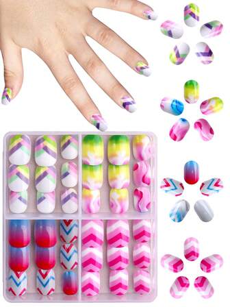 NAIO 96片/套 Y2K 酷炫风儿童美甲贴纸，亚克力材质，预涂凝胶，全覆盖，闪亮可爱图案，包含渐变、条纹和霓虹渐变元素。短款自粘美甲贴纸，适合小女孩——可爱简约主题。