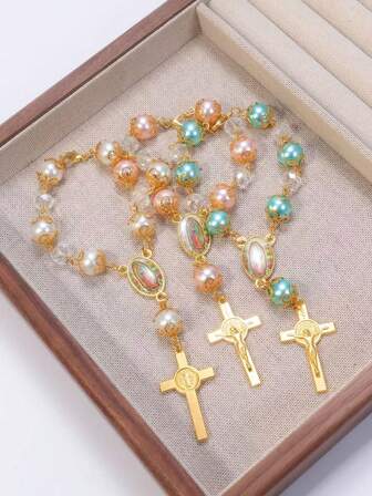 Glass Faux Pearl With Flower Holder Alloy Maria Religious Cross Beaded Bracelet