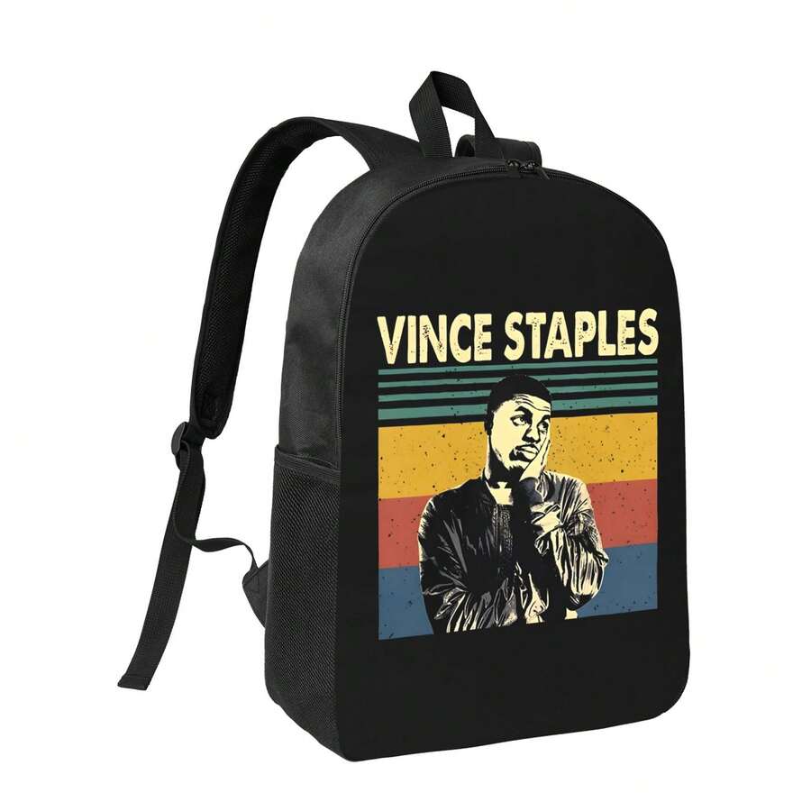 1 pieza Mochila vintage con impresión de Vince Staples y hecha a mano, con compartimentos espaciosos para guardar libros, portátiles y artículos personales - Negro - Ver 1