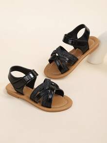 1 Pair Toddler Girls' Glitter Criss-Cross Open Toe Hook And Loop Soft Bottom PU Fashion Cute Durable Non-Slip Children Sandals, Suitable For 3-15 Years Old Boys & Girls, For Home, Party, School, Indoor/Outdoor, Beach, Spring/Summer 2025 New Arrival - Black - View 8