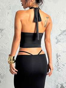 女士蕾丝拼接性感深V领黑色束身吊带背心，春夏休闲时尚新款 - 黑色 - 查看 6