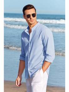 Runcati Men Linen Shirt Button Down Long Sleeve Cotton Beach Band Collar Casual Summer Shirts - màu xanh da trời - Xem 5