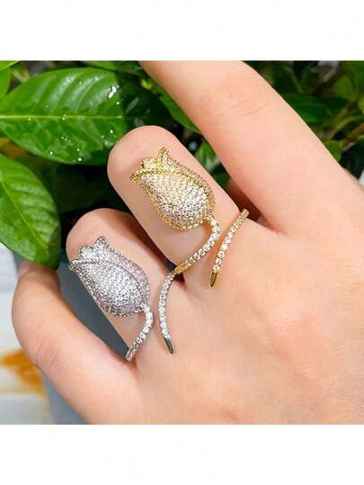 1pc Women's Adjustable Tulip Synthetic Zirconia Ring,Luxury Elegant Floral Ring,For Wedding/Party/Valentine's,Year-Round Wear (No Box)