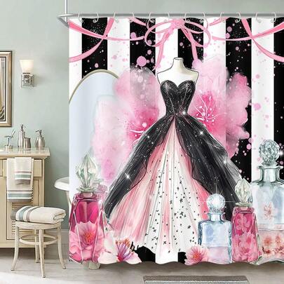 1pc Luxury Perfume Dress Shower Curtain, Advanced Black And White Stripe Printing Is Very Suitable For Bathroom Decoration, General Room Decoration, Home Decoration, Bathroom Accessories Bathtub Curtain Shower Curtain