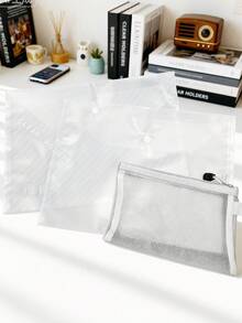 3pcs 1 Diagonal Folder, 1 Mesh File Bag, And 1 Transparent Folder Transparent File Bag With Label, Waterproof Subject Bag, Classified Material Bag A4, Large Capacity Student Paper Storage Bag Student File Bag Transparent A4 Zipper Bag Data Archive Bag Office Mesh Folder Thickened A4 Button File Bag, Transparent Custom Plastic Button, Large Capacity Archive Bag, Plastic Data Storage - Multicolor - View 2
