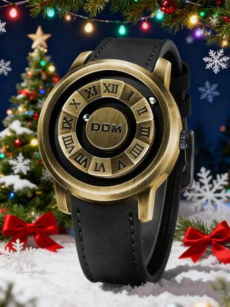 DOM 1 pièce Montre-bracelet à quartz style vintage pour hommes, cadran couleur bronze résistante à l'eau. Nouvelle technologie unique de montre à lévitation magnétique avec bracelet en cuir et acier, idéal pour cadeau de vacances/Noël