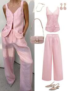 Women's Linen Camisole Vest Sleeveless Jacket With Open Front Button Design, Casual Wide Leg Pants, Women's Spring/Summer 2-Piece Set, Suitable For Commuting, Vacation, Holidays Like Thanksgiving, Christmas, Valentine's Day - Pink - View 1