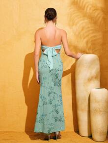 Mint Green Floral Print Sequin Backless Maxi Dress With Bowknot Strap, Evening Gown
