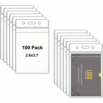 100个透明塑料竖式姓名牌夹，适用于2.62英寸×3.75英寸卡片尺寸，散装ID证件夹，姓名牌夹，名片套，姓名牌保护套（100个竖式套装）