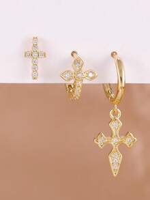 3PCS Zirconia Cross Hoop Earrings Set For Women 18K Gold Plated Girls Stainless Steel Cross Earring Wedding Aesthetic Jewelry - 3pcs for One Ear - View 2