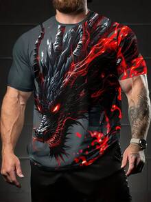 Men's Magma Dragon 3D Print T-Shirt - Short Sleeve Round Neck Casual Summer Tee With Black & Red Dragon Scale & Flame Design, Lightweight Breathable Shirt For Outdoor Activities, Gaming & Fantasy Events - Dragon Tattoo-Like Graphic Top, PLUS SIZE - 混合色 - 查看 1