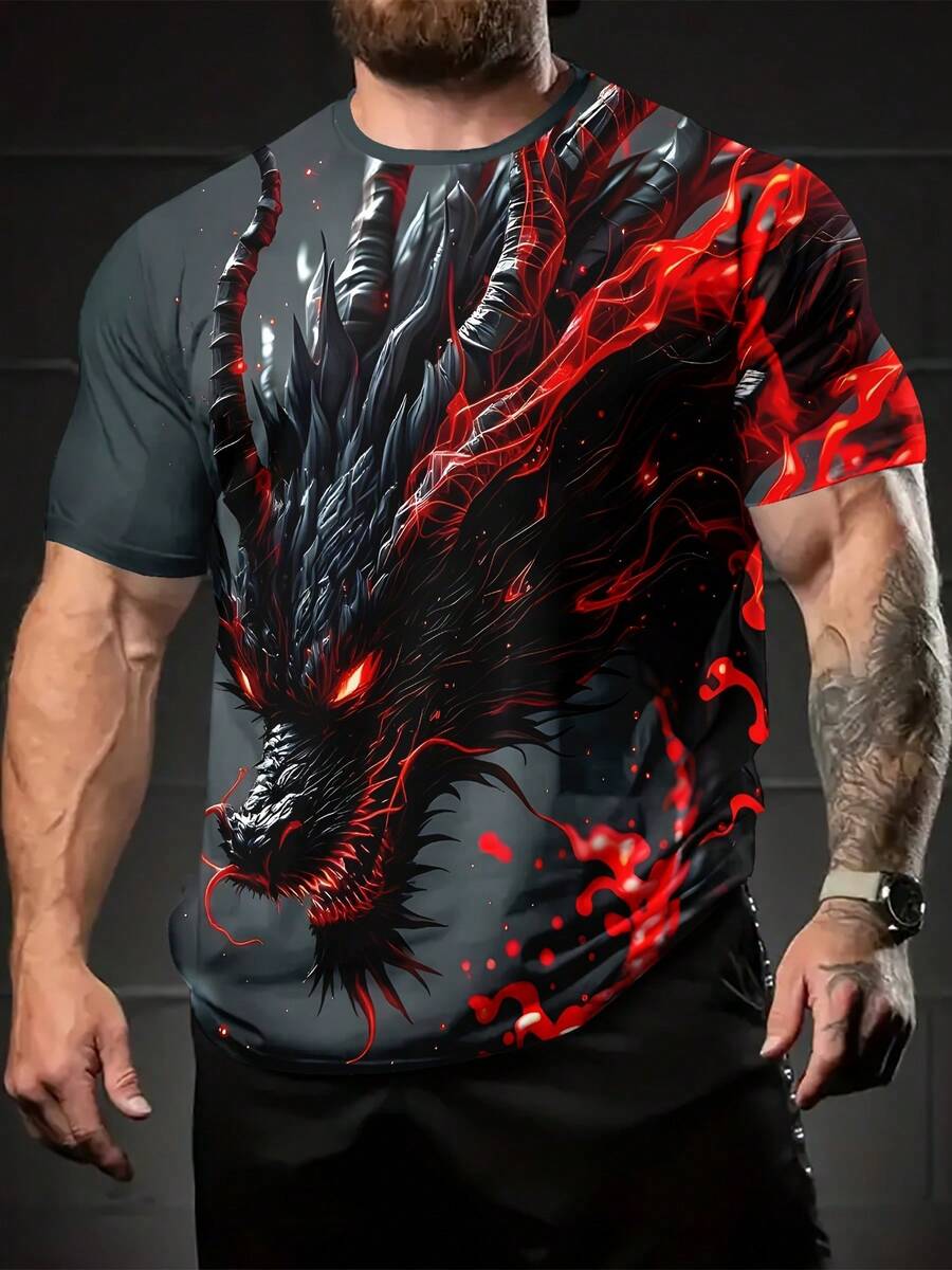 Men's Magma Dragon 3D Print T-Shirt - Short Sleeve Round Neck Casual Summer Tee With Black & Red Dragon Scale & Flame Design, Lightweight Breathable Shirt For Outdoor Activities, Gaming & Fantasy Events - Dragon Tattoo-Like Graphic Top, PLUS SIZE - 混合色 - 查看 1