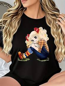 Camiseta gráfica casual para mujeres - Impresión de dibujos animados, manga corta, cuello redondo, camiseta deportiva cómoda y transpirable, idea de regalo perfecta, ropa casual| Diseño Juguetón| Ajuste cómodo - Negro - Ver 6