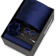 男士正式婚礼领带套装，涤纶面料领带，口袋巾，袖扣，胸针礼盒套装，金色格子图案 - 混色 - 查看 50