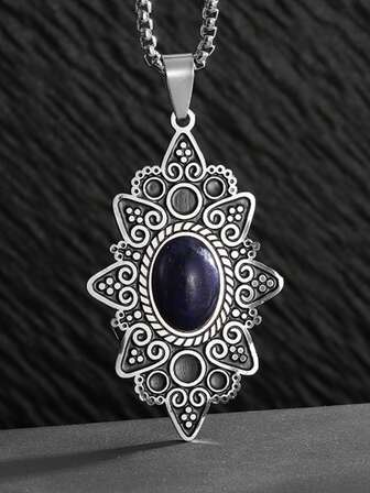 1件男士不锈钢蕾丝蓝宝石吊坠项链 - 独特的波西米亚风、嘻哈朋克风首饰，男女皆宜，适合作为情人节、圣诞节、生日、周年纪念日的礼物