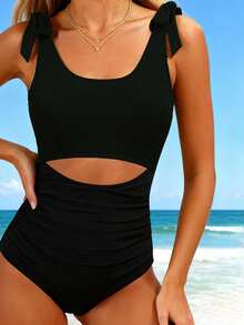 Traje de baño tankini de verano para mujer, con corte frontal en contraste de color, sin mangas - Negro - Ver 3
