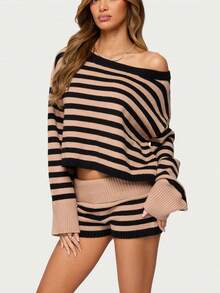 Women's Fold Over Waist Knitted Shorts Y2k Low Waist Striped Print Color Block Slim Fit Hot Pants Party Clubwear Going Out Sweater Shorts Loungewear Bottoms Stretchy Yoga Shorts Summer Casual Active Jogger Sweatshorts - 卡其色 - 查看 5