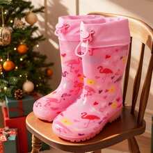 Girls' Waterproof Glitter Flamingo Rain Boots, Outdoor Anti-Slip Rainshoes, Comfortable Drawstring Lace-Up, Suitable For All Seasons