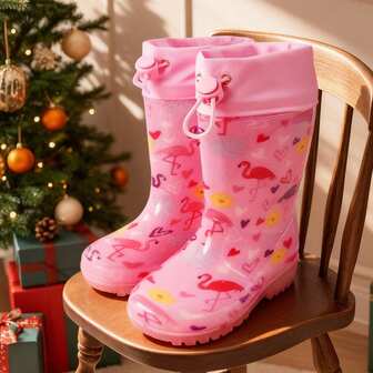 Botas impermeables para niñas de color rosa con flamencos, zapatos de lluvia con cordón antideslizante y cómodos para todo el año