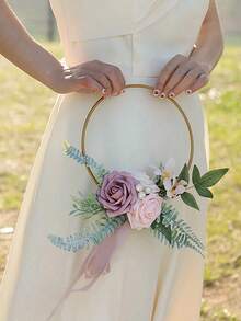 1个金属花环，适用于婚礼新娘、伴娘丝绸花环、新娘捧花、户外婚礼伴娘人造花环、婚礼装饰、人造花环、户外婚礼手持花环、摄影道具、婚纱配饰 - 彩色 - 查看 7