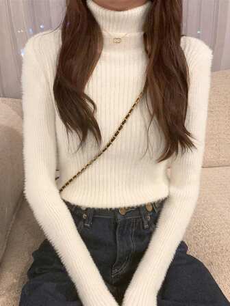Women's Solid Color High Neck Casual Long Sleeve Versatile Knit Sweater