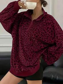 Áo khoác nữ cỡ lớn in họa tiết da báo, kiểu dáng rộng rãi, cổ kéo khóa nửa thân, thích hợp cho kỳ nghỉ xuân. - Đỏ - Xem 4