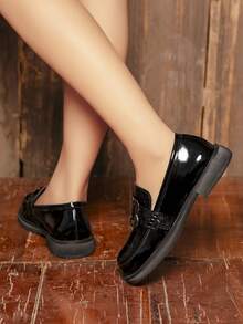 Women's Silver-Gray Metal Buckle Decor Round Toe Black Stone Textured Loafers, Fashionable Korean Style For School/Uniform, Suitable For Teachers/Students/Moms/Office Workers, Casual Chunky Heels - Black - View 7