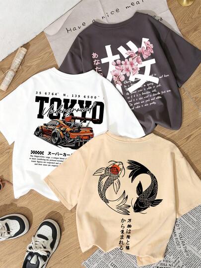 3pcs/Set Summer New Casual Funny Car, Carp Fish, Japanese Sakura Floral Print Round Neck Short Sleeve T-Shirts, Fashionable & Versatile Women Tops