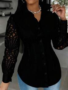 Plus Size Women's Elegant Lace Hollow Sleeve Blouse Black Spring - Black - View 2