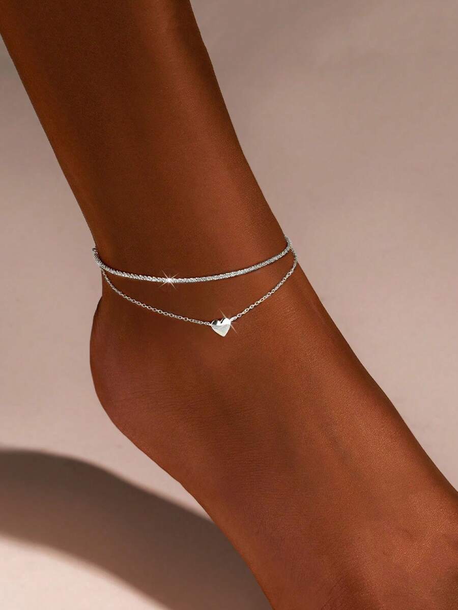 1pc Charm Shining Love Pendant Double Layer Silver Anklet For Men, Sexy Punk Style Summer Beach Silver Double Layer Foot Chain For Women, Suitable For Couples To Wear In Summer, Valentine's Day Gift For Boyfriend - Silver - View 1