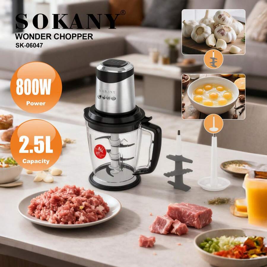 SOKANY 06047 Home Meat Grinder, Multi-Function Kitchen Cooking Machine. 800W High Power, 2.5L Home Capacity, One-Touch Two-Speed, Six-Sided Spiral Blade. Suitable For Meat, Sauce, Chopped Vegetables And Other Kitchen Uses - View 1