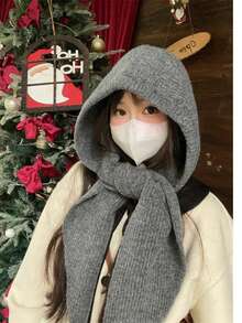 1件装女士休闲纯色麻花针织纹理保暖防风蓬松加厚连帽围巾围脖，适合约会、日常穿着、购物、旅行、搭配 - A - 查看 15