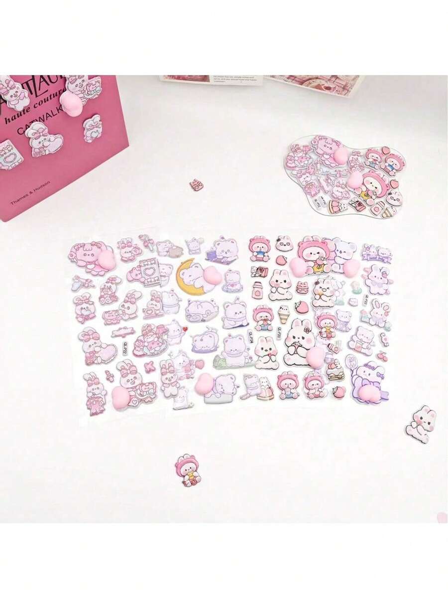 1pc/Soft And Squishy, Just Want To Squeeze! Pink-Purple 3D Flocking Stickers: Bunnies Hugging Hearts, Little Bears Lying On The Moon, Each One A Cute, Healing Item That Seems To Release Pink Bubbles, A Delightful Treasure To Sprinkle A Girlish Touch Into Your Planner. - Multicolor - View 1