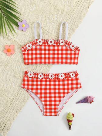 女童格子印花3D立体花卉可爱吊带泳衣套装